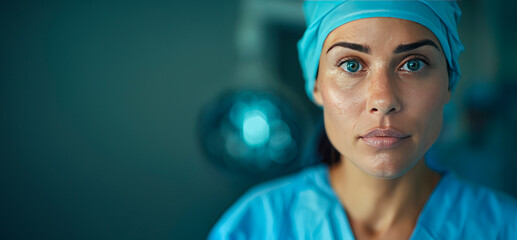 Woman in scrubs and surgical cap staring directly at the camera with copy-space