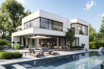Fototapeta premium Modern house with pool and garden, simple design of twostory white modern home with black accents