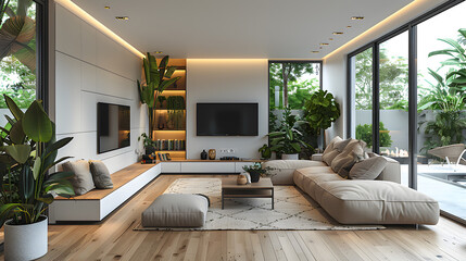 White living room interior with sofa and armchair, shelf with art decoration, carpet on hardwood floor. Panoramic window on tropics. Mockup copy space