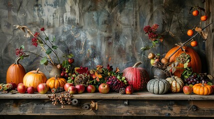 An artistic still life of pumpkins, gourds, and fruit on a wooden table against a dark background - Autumn Background Concept