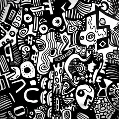 AI's creative prowess shines through in the intricate details of the abstract doodle art piece against a black and white background.