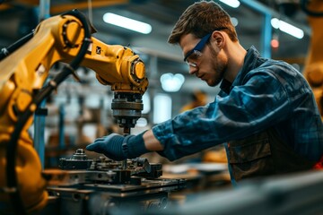 specialist male man engineer wear safty uniform working control operation hydroic ai robotic arm machinery in modern interior factory expert staff examine check quality control robot arm welding