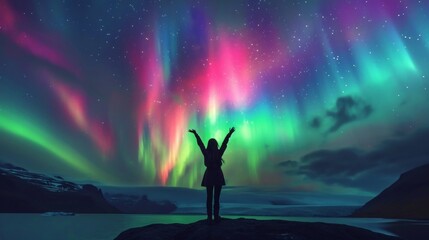 Naklejka premium A person stands in snow field wow with beautiful aurora northern lights in night sky in winter.