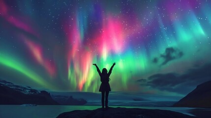 A person stands in snow field wow with beautiful aurora northern lights in night sky in winter.