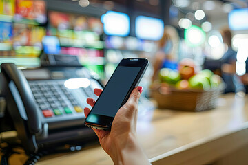 Mobile device in hand, screen with secure payment interface, cash register and staff blurred behind