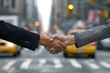 Two businesswomen shaking hands in an outdoor setting with urban traffic in the background, symbolizing a professional agreement and contact