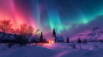 A small church in heavy snow covered field with forest mountain and beautiful aurora northern lights in night sky in winter.