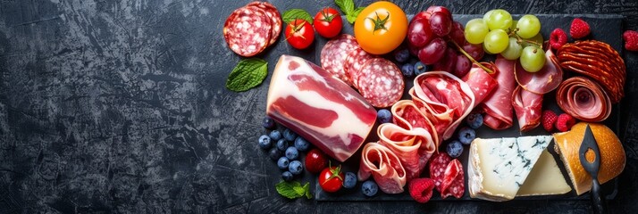 Spanish inspired charcuterie board with jam  n, peppered sausage, fuet, cheese, and berries