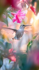 A hummingbird hovers in mid-air with its long, thin beak extended towards a flower