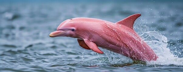 A pink dolphin jumps out of the water. © Suritong