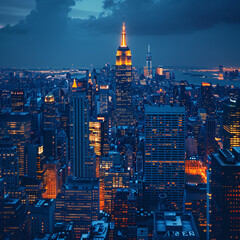 
New York downtown buildings at night.