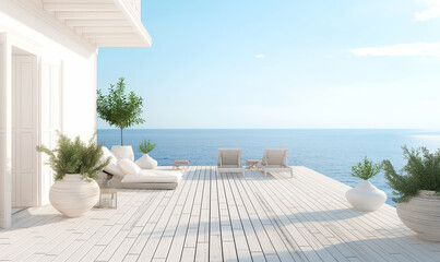 A bright and airy beachside rooftop terrace with white wooden flooring, overlooking the ocean under clear blue skies