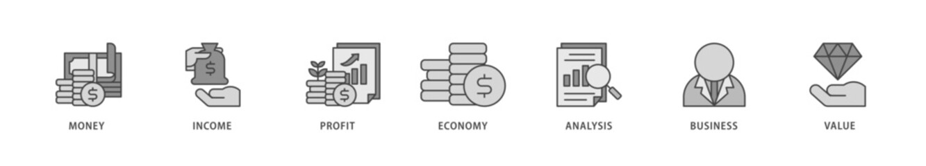 Cash flow icons set collection illustration of money, income, profit, economy, analysis, business, and value icon live stroke and easy to edit 