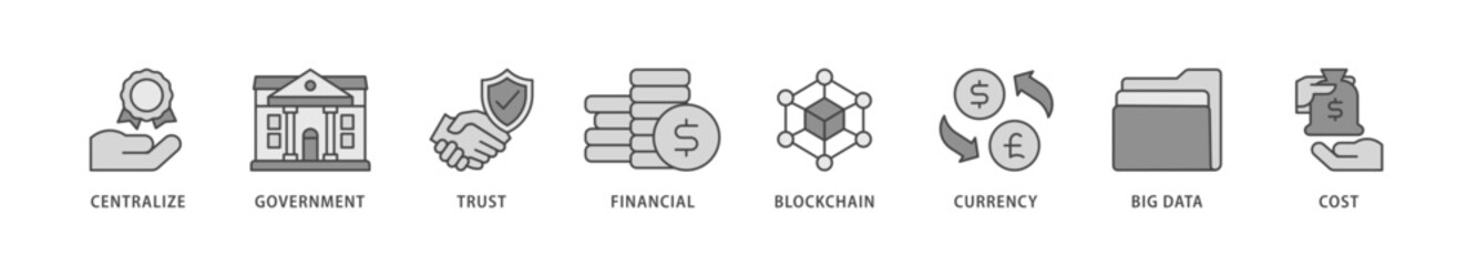 Cbdc icons set collection illustration of centralize, government, trust, financial, blockchain, currency, big data and cost icon live stroke and easy to edit 