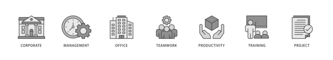 Corporate management icons set collection illustration of corporate, management, office, teamwork, productivity, training and project icon live stroke and easy to edit 