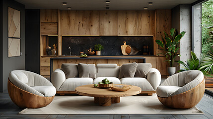 White living room interior with sofa and armchair, shelf with art decoration, carpet on hardwood floor. Panoramic window on tropics. Mockup copy space