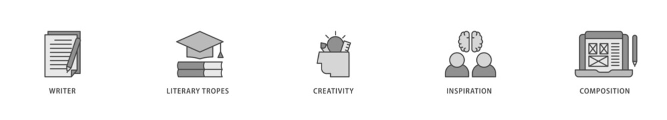 Creative writing icons set collection illustration of writer, literary tropes, creativity, idea, inspiration, and composition icon live stroke and easy to edit 