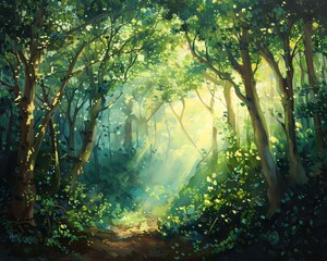 The painting is of a beautiful forest with a path leading through it. The trees are tall and green, and the sunlight is shining through them.