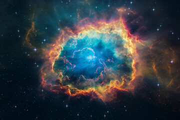A colorful nebula in space, stars glowing around it