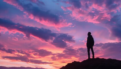 The photo shows a man standing on a mountaintop, looking out at a beautiful sunset