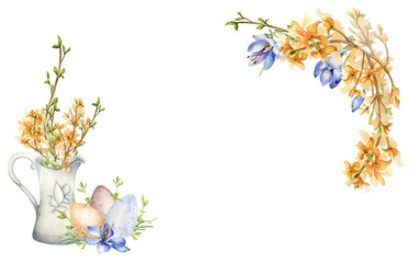 Easter banner with watercolor spring yellow flowers in jug isolated on white. Frame of blossom...