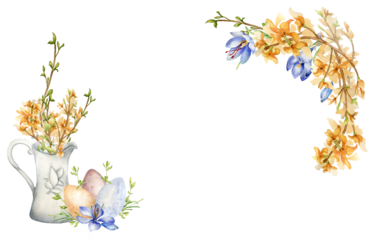 Easter banner with watercolor spring yellow flowers in jug isolated on white. Frame of blossom branch with Easter eggs. Crocus and forsythia blooming hand drawn. For greeting card, package, label
