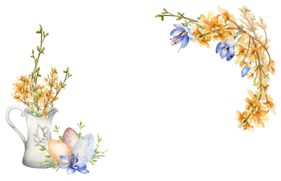 Easter banner with watercolor spring yellow flowers in jug isolated on white. Frame of blossom branch with Easter eggs. Crocus and forsythia blooming hand drawn. For greeting card, package, label