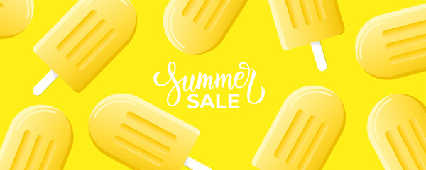 Summer Sale. Summertime commercial banner with ice cream for seasonal shopping promotion and sale advertising. Yellow color. Vector illustration.
