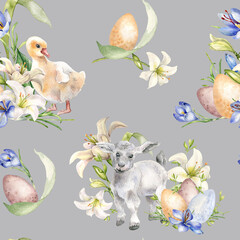 Easter lamb and white flowers seamless pattern isolated on blue. Watercolor floral illustration with baby animals. Easter print with pets hand drawn. For design textile, package, wrapping paper