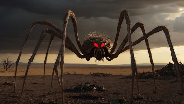 ominous spider-like creature dominating the foreground creature has long, spiky Legrand glowing red eyes. 