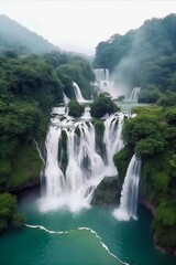 majestic waterfalls amidst lush greenery, with mist creating a serene and mystical atmosphere