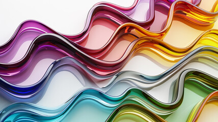 Harmonious interplay of vibrant multicolored glass patterns in wavy shapes, isolated on a pure white surface