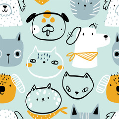 Vector seamless pattern with cute cats and dogs on blue background. Pets. Kitten, puppy. Creative kids texture for fabric, wrapping, textile, wallpaper. Cartoon funny hand-drawn animals.
