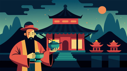 The first sip of the oolong tea transported us to a dimly lit tea house in ancient China as we imagined the stories of the tea merchants who traveled. Vector illustration - obrazy, fototapety, plakaty