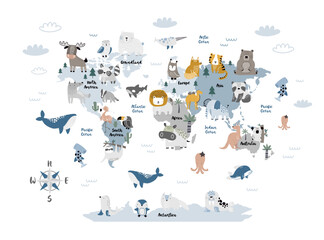 Vector world map for kids with cute animals. Children's map design for wallpaper, kid's room, wall art. America, Europa, Asia, Africa, Australia, Arctica. illustration. Animal world. Continents. © ZHUKO