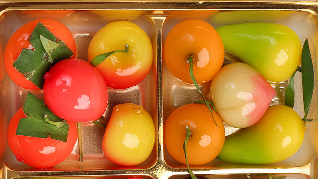 Colourful fruit and vegetable shaped beautiful Thai sweet mung bean coconut milk desert luk chap candy variety  shape  colour desert