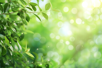 Spring background with blurred green leaves and bokeh light effect, representing a spring nature concept