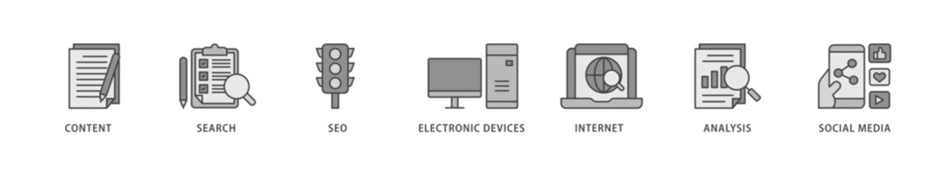 Digital marketing icons set collection illustration of content, search, seo, electronic devices, internet, analysis and social media icon live stroke and easy to edit 