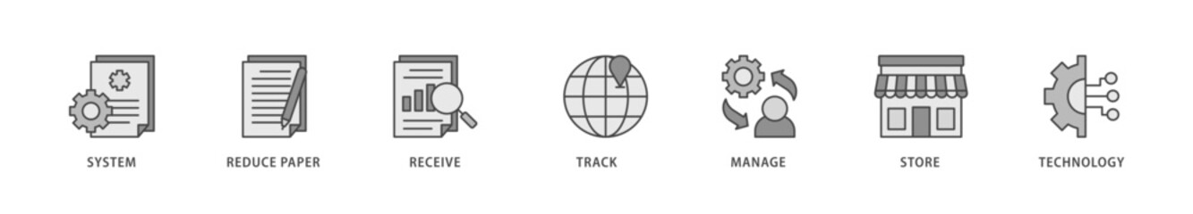 Document management icons set collection illustration of system, reduce paper, receive, track, manage, store, cloud and technology icon live stroke and easy to edit 