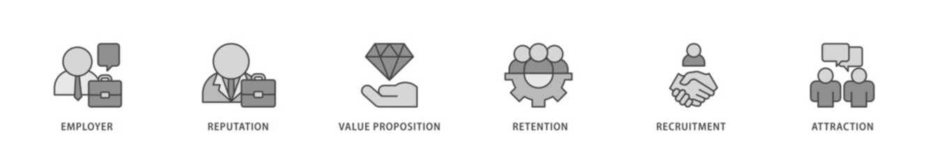 Employer branding icons set collection illustration of pay raise, reputation, value proposition, retention, recruitment and attraction icon live stroke and easy to edit 