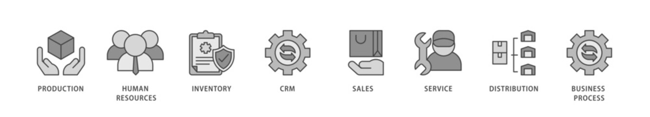 Enterprise resource planning icons set collection illustration of production, human resources, inventory, crm, sales, service icon live stroke and easy to edit 