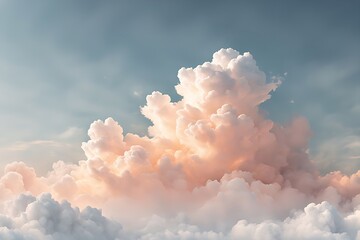 Heavenly landscape. The sky is blue and white-peach curly clouds on which sunlight falls