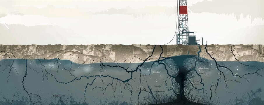 Illustration of a fracking site demonstrating the subsurface extraction process