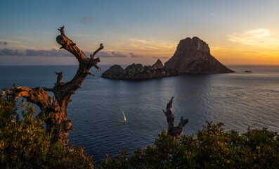Es Vedrà island sunset panoramic view from the mirador cliffs, Sant Josep de Sa Talaia, Ibiza, Balearic Islands, Spain