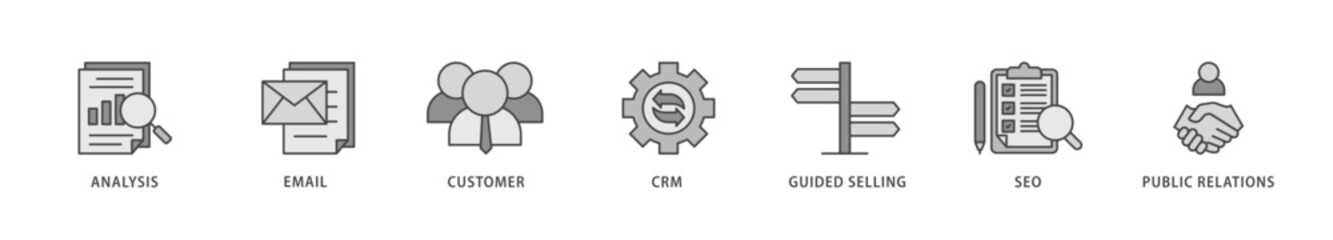 Inbound marketing icons set collection illustration of analysis, email, customer, crm, guided selling, seo and public relations icon live stroke and easy to edit 