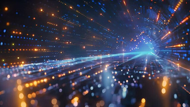 Futuristic Data Stream in Abstract Cyberspace Tunnel at Night
