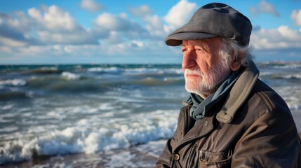 Obraz premium Beautiful elderly man by the sea, relaxing on the beach. The concept of active old age. Support for the elderly. A happy pensioner