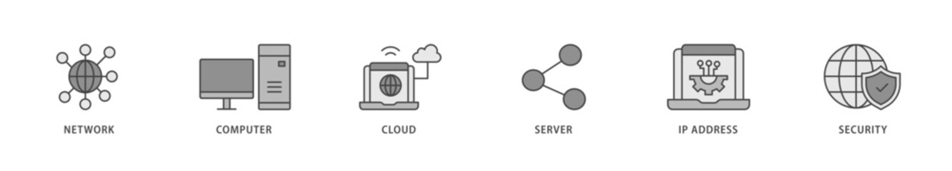 Network technology icons set collection illustration of network, computer, cloud, server, ip address and security icon live stroke and easy to edit 
