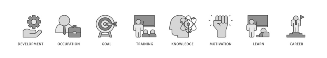 New skills icons set collection illustration of development, occupation, goal, training, knowledge, motivation, learn and career icon live stroke and easy to edit 