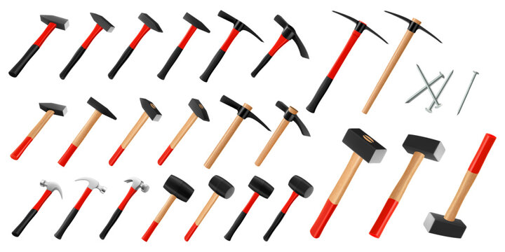 Set of hammers and pickaxe, sledge hammers, rubber mallets, steel nails, isolated on white. Working tool of carpenter, builder. Tools for hammering nails and breaking objects Realistic 3d vector